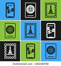 Set line Infographic of city map navigation, Postal stamp and Eiffel tower and Passport with biometric data icon. Vector
