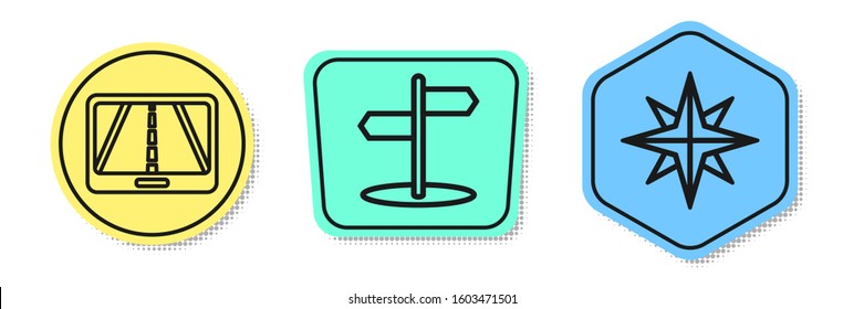 Set line Infographic of city map navigation, Road traffic sign and Wind rose. Colored shapes. Vector