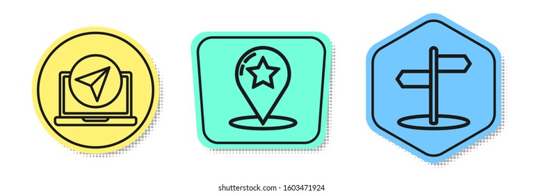 Set line Infographic of city map navigation, Map pointer with star and Road traffic sign. Colored shapes. Vector