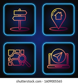 Set line Infographic of city map navigation, Folded map with location marker, Road traffic sign and Map pointer with house. Gradient color icons. Vector