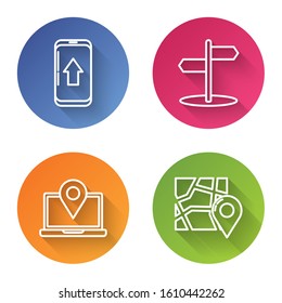 Set line Infographic of city map navigation, Road traffic sign, Laptop with location marker and Folded map with location marker. Color circle button. Vector