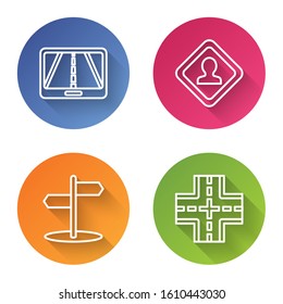 Set line Infographic of city map navigation, Road traffic sign, Road traffic sign and Road traffic sign. Color circle button. Vector