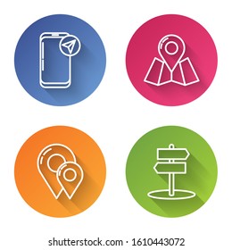 Set line Infographic of city map navigation, Folded map with location marker, Map pin and Road traffic sign. Color circle button. Vector