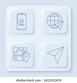 Set line Infographic of city map navigation, Location on the globe, Folded map with location marker and Paper airplane. White square button. Vector