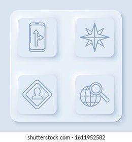 Set line Infographic of city map navigation, Wind rose, Road traffic sign and Magnifying glass with globe. White square button. Vector