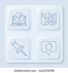 Set line Infographic of city map navigation, Folded map with location marker, Push pin and Map pointer with house. White square button. Vector