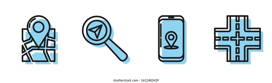 Set line Infographic of city map navigation, Folded map with location marker, Search location and Road traffic sign icon. Vector