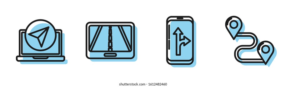 Set line Infographic of city map navigation, Infographic of city map navigation, Infographic of city map navigation and Route location icon. Vector
