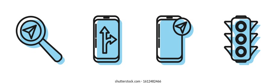 Set line Infographic of city map navigation, Search location, Infographic of city map navigation and Traffic light icon. Vector