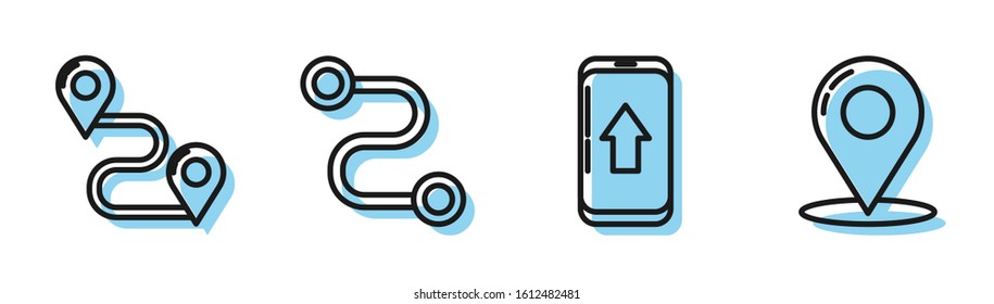 Set line Infographic of city map navigation, Route location, Route location and Map pin icon. Vector