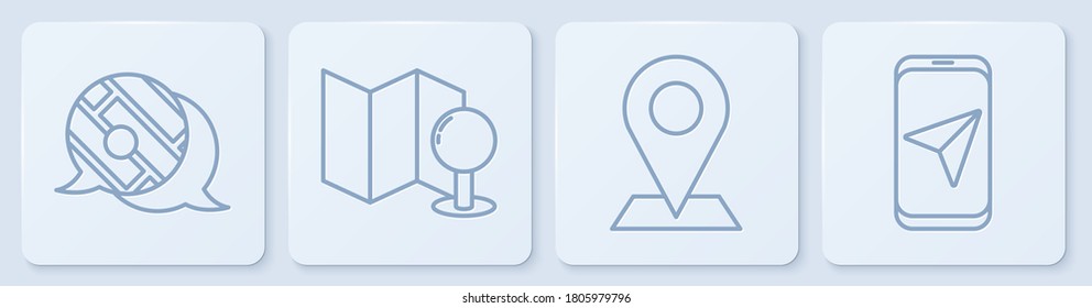 Set line Infographic of city map navigation, Location, Folded map with push pin and City map navigation. White square button. Vector
