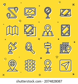 Set line Infographic of city map navigation, Location with house, Gps device, Stop sign, Folded, Route location and  icon. Vector