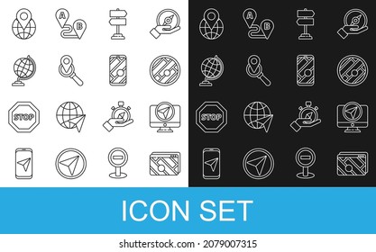 Set line Infographic of city map navigation, Monitor with location marker, Folded, Road traffic sign, Search, Earth globe, Location the and City icon. Vector
