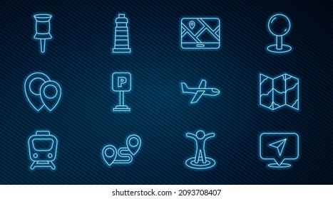 Set line Infographic of city map navigation, Folded, City, Parking, Location, Push pin, Plane and Lighthouse icon. Vector