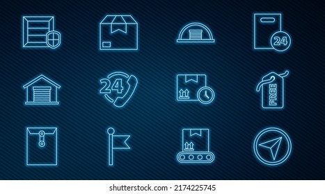 Set line Infographic of city map navigation, Hangar, Telephone 24 hours support, Warehouse, Delivery pack security shield, Cardboard box and fast time and Carton cardboard icon. Vector