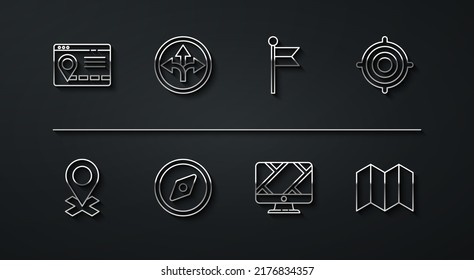 Set line Infographic of city map navigation, Location, Target sport, Monitor with location marker, Compass, Road traffic sign, Folded and  icon. Vector