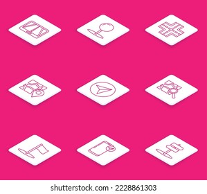 Set line Infographic of city map navigation, Push pin, Road traffic sign, Folded with location marker, Paper airplane, Flag and  icon. Vector