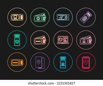 Fijar la línea Infografía del mapa de la ciudad, billete de tren, aerolínea, boleto, bus, uso compartido de coches en línea e icono. Vector