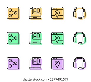 Set line Infographic of city map, Share, Advertising and Headphones icon. Vector