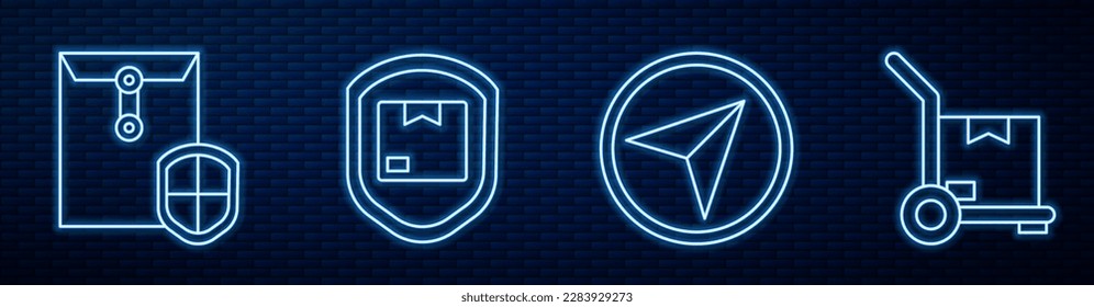 Fijar línea Infografía de la navegación de mapas de la ciudad, Sobre con escudo, Seguridad del paquete de entrega con escudo, Camión de mano y cajas y Caja de madera. Icono de neón brillante en la pared de ladrillo. Vector