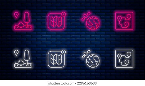Set line Infographic of city map, Satellites orbiting the planet, City navigation and Route location. Glowing neon icon on brick wall. Vector