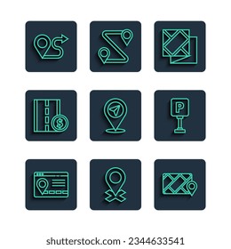 Set line Infographic of city map navigation, Location, City, Folded, Toll road traffic sign, Route location and Parking icon. Vector