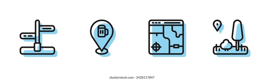 Set line Infographic of city map, Road traffic sign, Alcohol or beer bar location and City navigation icon. Vector