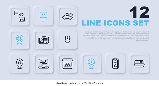 Set line Infographic of city map, Credit card, Taxi driver license, Location taxi, with star, mobile app, Road sign for stand and  icon. Vector