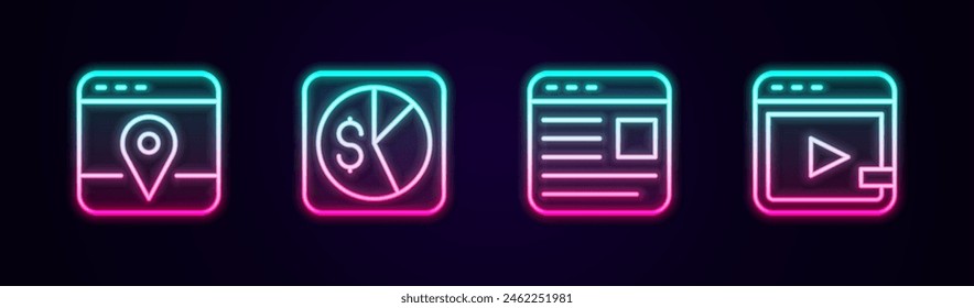 Set line Infographic of city map, Market analysis, Advertising and Video advertising. Glowing neon icon. Vector
