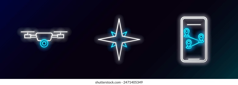 Set line Infographic of city map navigation, Drone flying with action video camera and Wind rose icon. Glowing neon. Vector
