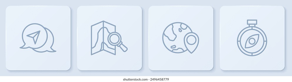 Set line Infographic of city map navigation, Location the globe, Search location and Compass. White square button. Vector