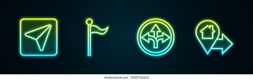 Set line Infographic of city map navigation, Location marker, Road traffic sign and with house. Glowing neon icon. Vector