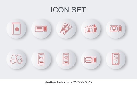 Set line Infographic of city map, Binoculars, Airline ticket, Ticket, Cover book travel guide, Online hotel booking and car sharing icon. Vector