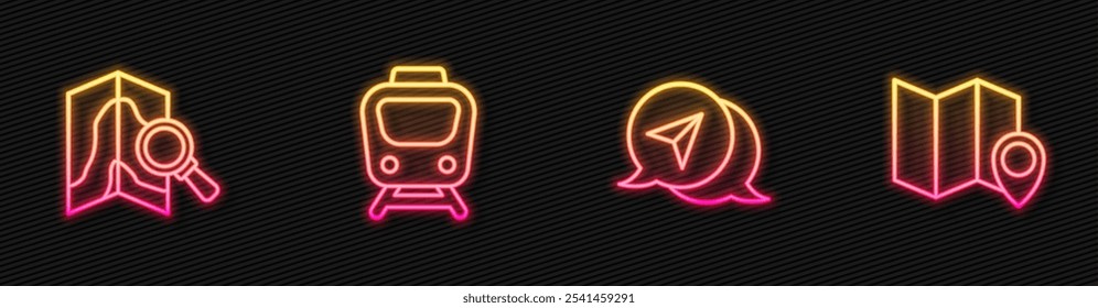 Infografía de la navegación del mapa de la ciudad, ubicación de la Búsqueda, tren y plegado con marcador. Icono de neón brillante. Vector