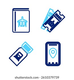 Set line Infographic of city map, Train ticket, Airline and Cover book travel guide icon. Vector