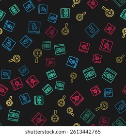 Set line Infographic of city map, Online shopping on screen, Magnifying glass and delete and Website with stocks market on seamless pattern. Vector