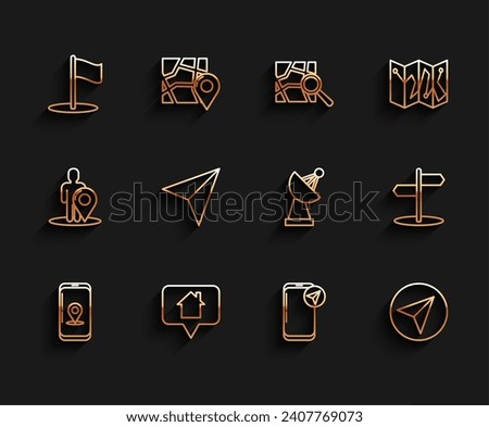 Set line Infographic of city map navigation, Map pointer with house, Flag, Paper airplane, Road traffic sign and Radar icon. Vector