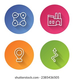 Set line Infographic element, Factory, Location and Arrow. Color circle button. Vector