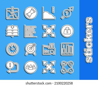 Set line Infographic element, Pie chart infographic, Shopping bag with Sale, Financial growth decrease, Layers, Intersection point and Many ways directional arrow icon. Vector