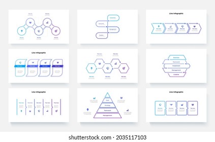 Set of the line infographic elements. Pyramid, arrows, circles and other abstract elements. Nines slides for business presentations.