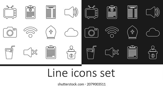 Set line Information desk, Cloud, Paper financial check, Wi-Fi wireless network, Photo camera, Television tv, Pope hat and Clinical record icon. Vector