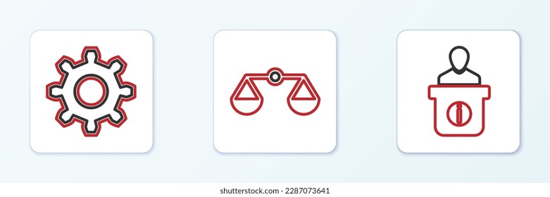 Ajuste la línea de la mesa de información, la configuración de los engranajes de las ruedas y el icono Escala de justicia. Vector