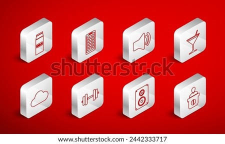 Set line Information desk, Mobile Apps, Speaker volume, Martini glass, Stereo speaker, Paper package milk, Dumbbell and Cloud icon. Vector