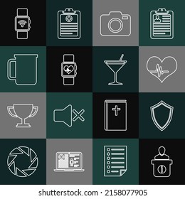 Set line Information desk, Shield, Heart rate, Photo camera, Smart watch heart beat, Coffee cup, Smartwatch with wireless and Martini glass icon. Vector