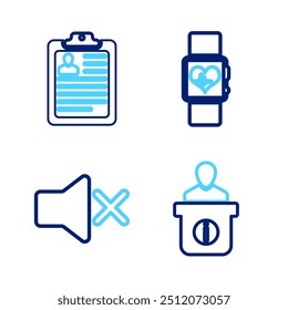 Set line Information desk, Speaker mute, Smart watch heart beat rate and Clipboard with resume icon. Vector
