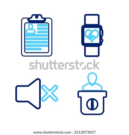 Set line Information desk, Speaker mute, Smart watch heart beat rate and Clipboard with resume icon. Vector