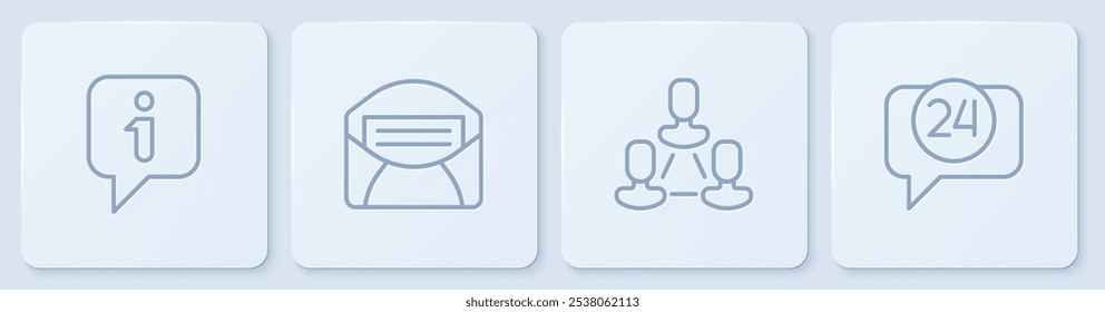 Set line Information, Employee hierarchy, Mail and e-mail and Telephone 24 hours support. White square button. Vector