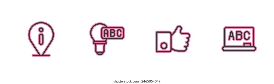 Set line Information, Hand like, Creative lamp light idea and Chalkboard icon. Vector