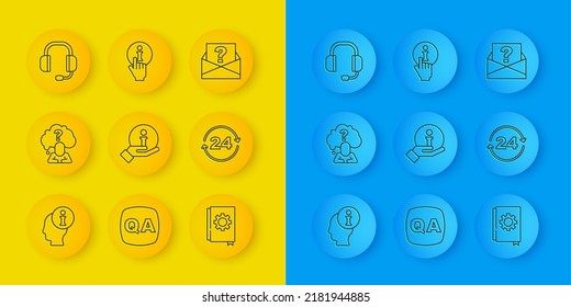 Set line Information, Head with question mark, User manual, Telephone 24 hours support, Headphones, Envelope and  icon. Vector