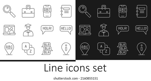 Set line Information, Hello in different languages, Foreign online study, Graduate and graduation cap, Magnifying glass, Hola and Briefcase icon. Vector